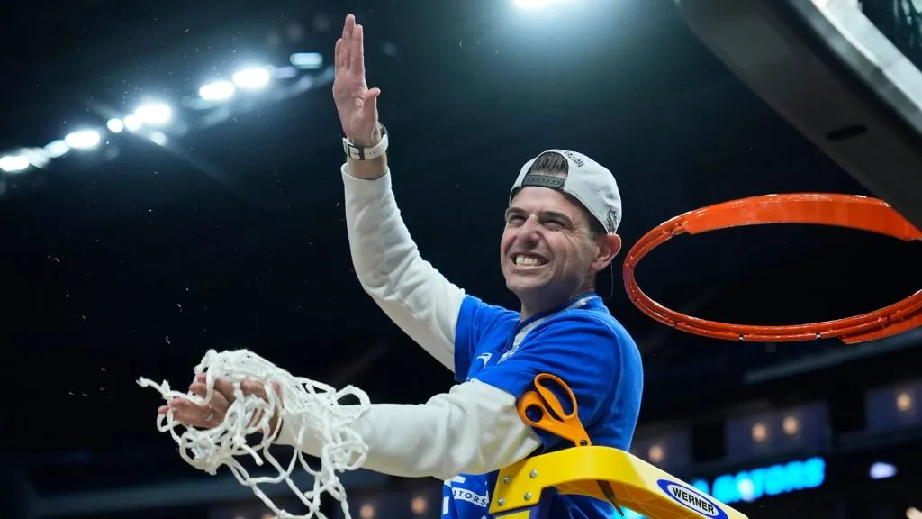 Head coach Todd Golden of the Florida Gators reacts after cutting down the net after defeating the Texas Tech Red Raiders 84-79 in the West Regional Elite Eight round of the NCAA Men’s Basketball Tournament at Chase Center on March 29, 2025 in San Francisco, California.