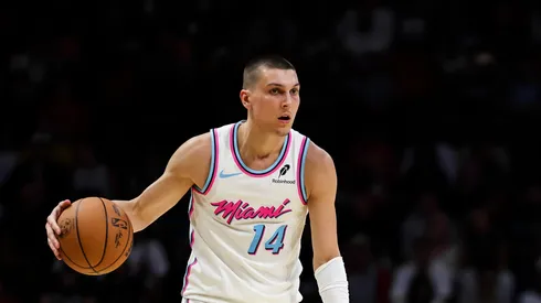 Tyler Herro #14 of the Miami Heat dribbles the ball up the court during the third quarter against the Atlanta Hawks