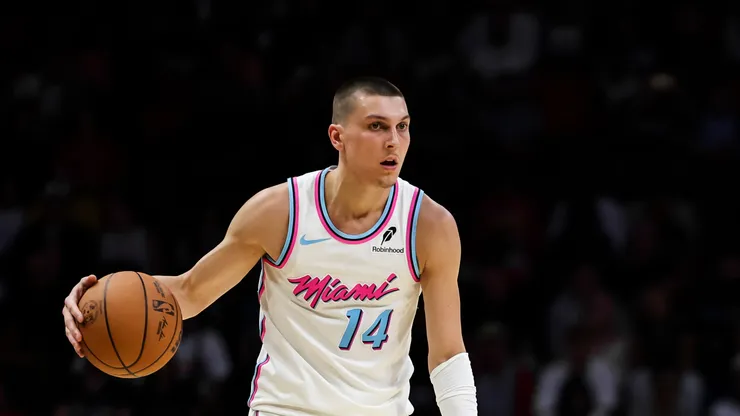 Tyler Herro #14 of the Miami Heat dribbles the ball up the court during the third quarter against the Atlanta Hawks