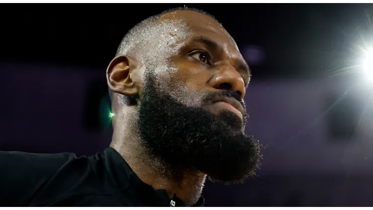LeBron James #23 of the Los Angeles Lakers looks on during the playing of the national anthem prior to the game against the Chicago Bulls at the United Center on March 27, 2025 in Chicago, Illinois.