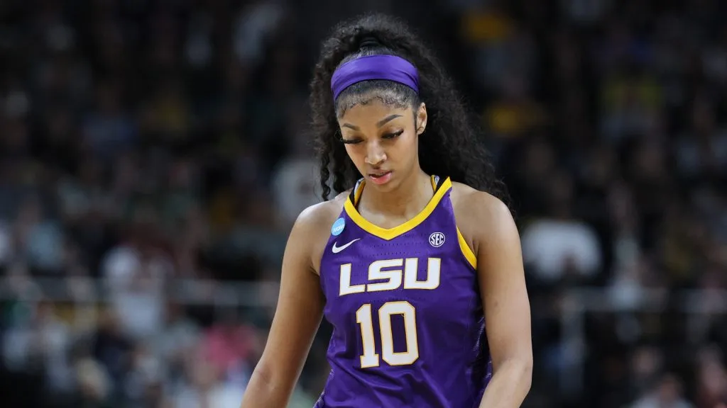 Angel Reese #10 of the LSU Tigers looks on during the second half against the Iowa Hawkeyes in the Elite 8 round of the NCAA Women’s Basketball Tournament at MVP Arena on April 01, 2024 in Albany, New York.