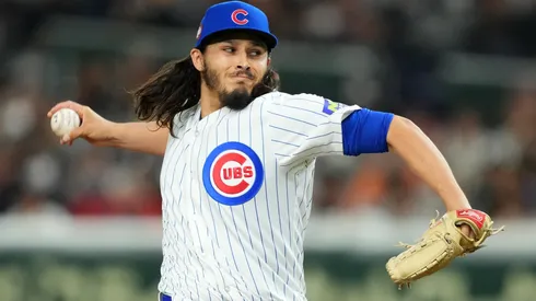 Eli Morgan #33 of the Chicago Cubs throws in the bottom of the fifth inning against Hanshin Tigers at Tokyo Dome on March 15, 2025 in Tokyo, Japan.