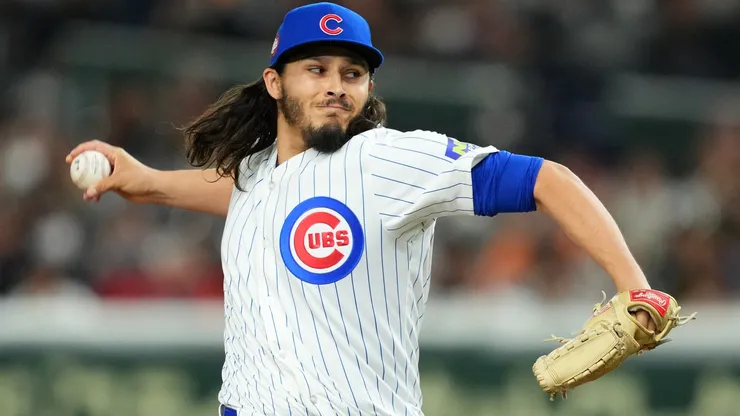 Eli Morgan #33 of the Chicago Cubs throws in the bottom of the fifth inning against Hanshin Tigers at Tokyo Dome on March 15, 2025 in Tokyo, Japan.