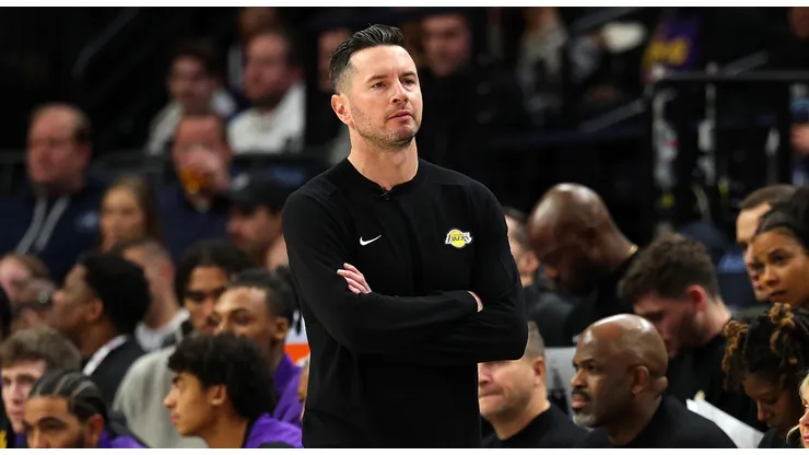 Head coach JJ Redick of the Los Angeles Lakers looks on against the Minnesota Timberwolves in the first quarter at Target Center on December 02, 2024 in Minneapolis, Minnesota.