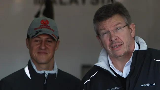 (L-R) Mercedes GP Team Principal Ross Brawn and Michael Schumacher of Germany and Mercedes GP (Mark Thompson/Getty Images)