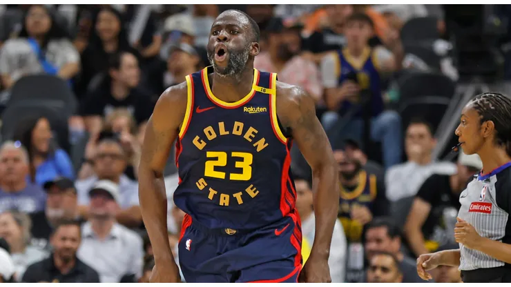Draymond Green #23 of the Golden State Warriors reacts after hitting a three against the San Antonio Spurs in the second half at Frost Bank Center on March 30, 2025 in San Antonio, Texas.