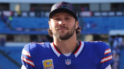 Josh Allen #17 of the Buffalo Bills celebrates after defeating the Tennessee Titans 34-10 at Highmark Stadium on October 20, 2024 in Orchard Park, New York.