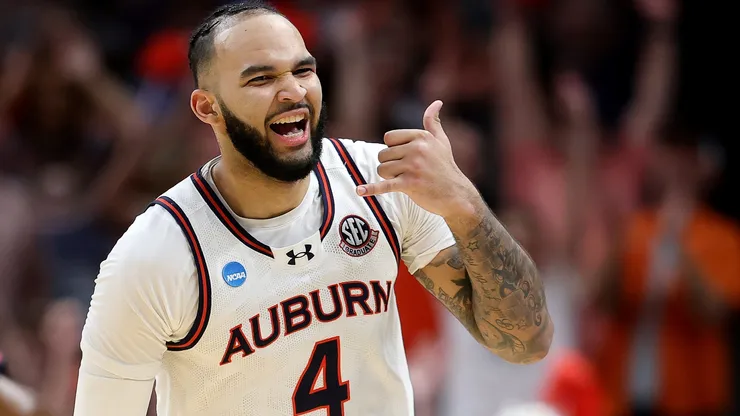 Johni Broome #4 of the Auburn Tigers reacts against the Michigan State Spartans during the second half in the South Regional Elite Eight round of the NCAA Men's Basketball Tournament at State Farm Arena on March 30, 2025 in Atlanta, Georgia.