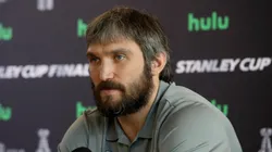 Alex Ovechkin #8 of the Washington Capitals answers questions during Media Day for the 2018 NHL Stanley Cup Final at T-Mobile Arena on May 27, 2018 in Las Vegas, Nevada.