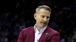 Head coach Nate Oats of the Alabama Crimson Tide reacts against the Duke Blue Devils during the first half in the East Regional Elite Eight round of the NCAA Men's Basketball Tournament at Prudential Center on March 29, 2025 in Newark, New Jersey.