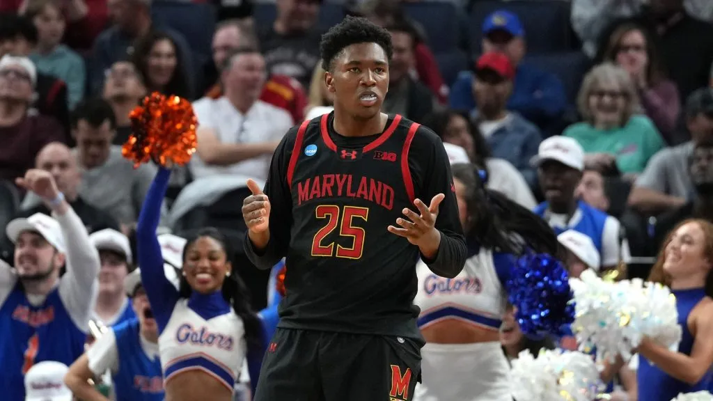 Derik Queen #25 of the Maryland Terrapins reacts after a foul against the Florida Gators during the second half in the West Regional Sweet Sixteen round of the NCAA Men’s Basketball Tournament at Chase Center on March 27, 2025 in San Francisco, California.