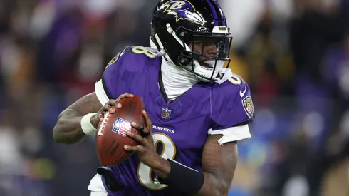 Lamar Jackson #8 of the Baltimore Ravens steps back to pass during the third quarter against the Pittsburgh Steelers during the AFC Wild Card Playoff at M&T Bank Stadium on January 11, 2025 in Baltimore, Maryland.