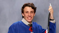 Gabriel Perreault seen at the portrait studio after being selected by the New York Rangers as the 23th overall during round one of the 2023 Upper Deck NHL Draft at Bridgestone Arena on June 28, 2023 in Nashville, Tennessee.