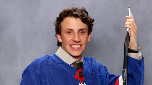 Gabriel Perreault seen at the portrait studio after being selected by the New York Rangers as the 23th overall during round one of the 2023 Upper Deck NHL Draft at Bridgestone Arena on June 28, 2023 in Nashville, Tennessee.
