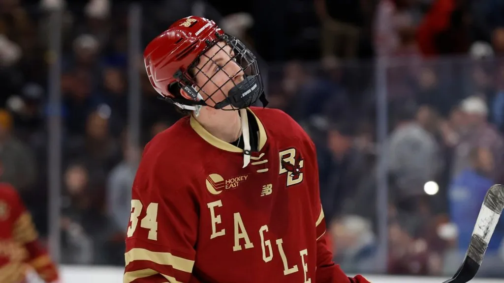 Gabe Perreault #34 of the Boston College Eagles skates back to his teammates after losing to the Boston University Terriers in the semifinals of the Beanpot Tournament at TD Garden on February 5, 2024 in Boston, Massachusetts.