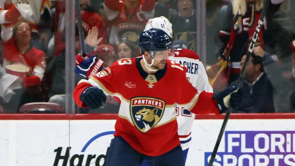Sam Reinhart #13 of the Florida Panthers celebrates his first period goal against the Montreal Canadiens at Amerant Bank Arena on March 30, 2025 in Sunrise, Florida.