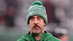 Aaron Rodgers looks on during warm ups prior to the game against the Atlanta Falcons at MetLife Stadium on December 03, 2023 in East Rutherford, New Jersey.