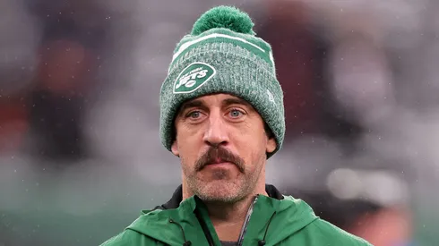 Aaron Rodgers looks on during warm ups prior to the game against the Atlanta Falcons at MetLife Stadium on December 03, 2023 in East Rutherford, New Jersey.
