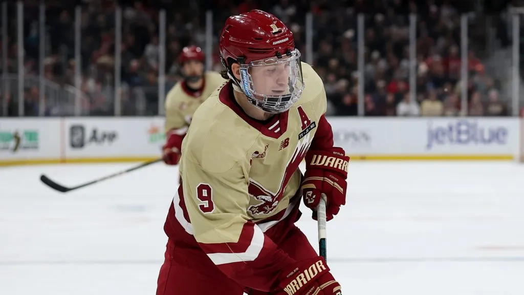 Ryan Leonard #9 of the Boston College Eagles during the first period of the 2025 Beanpot Tournament Championship at TD Garden on February 10, 2025 in Boston, Massachusetts.