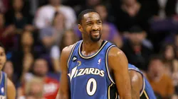 Gilbert Arenas #0 of the Washington Wizards reacts to a call during the NBA game against the Phoenix Suns