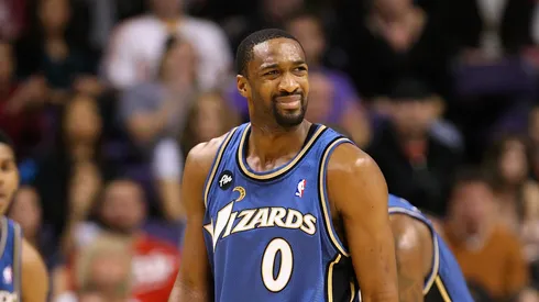 Gilbert Arenas #0 of the Washington Wizards reacts to a call during the NBA game against the Phoenix Suns