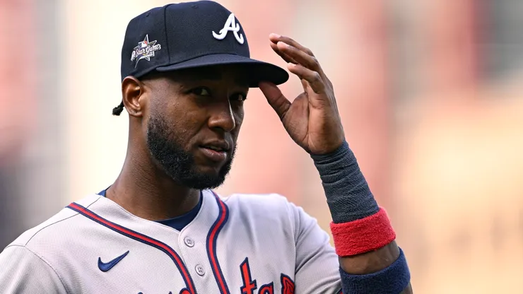 Jurickson Profar #7 of the Atlanta Braves looks on during the first inning against the San Diego Padres at Petco Park on March 30, 2025 in San Diego, California.
