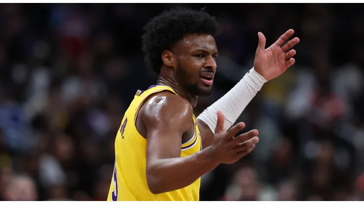Bronny James #9 of the Los Angeles Lakers reacts against the Washington Wizards during the second half at Capital One Arena on January 30, 2025 in Washington, DC.