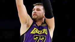 Luka Doncic #77 of the Los Angeles Lakers takes a shot against the Houston Rockets in the first half at Crypto.com Arena on March 31, 2025 in Los Angeles, California.