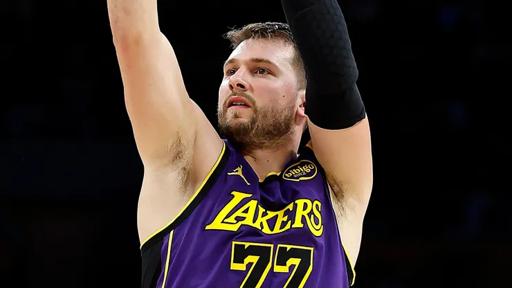 Luka Doncic #77 of the Los Angeles Lakers takes a shot against the Houston Rockets in the first half at Crypto.com Arena on March 31, 2025 in Los Angeles, California.
