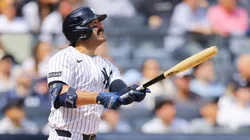 Austin Wells #28 of the New York Yankees hits a home run on a torpedo bat in the first inning against the Milwaukee Brewers at Yankee Stadium on March 29, 2025 in New York City.