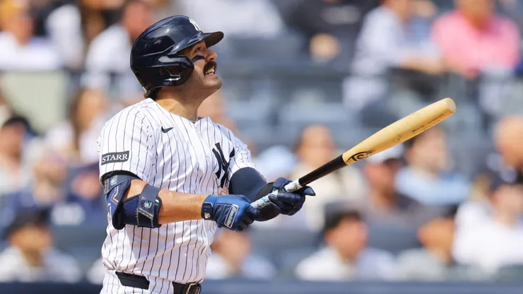 Austin Wells #28 of the New York Yankees hits a home run on a torpedo bat in the first inning against the Milwaukee Brewers at Yankee Stadium on March 29, 2025 in New York City.