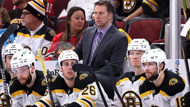 Interim Head Coach Joe Sacco of the Boston Bruins looks on against the Chicago Blackhawks during the third period at the United Center on December 04, 2024 in Chicago, Illinois. (Photo by Michael Reaves/Getty Images)