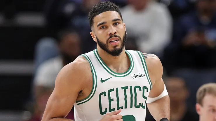 Jayson Tatum #0 of the Boston Celtics runs the floor during the second half against the Memphis Grizzlies at FedExForum on March 31, 2025 in Memphis, Tennessee.