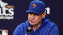 Manager Carlos Mendoza #64 of the New York Mets speaks to the media prior to Game Four of the National League Championship Series against the Los Angeles Dodgers at Citi Field on October 17, 2024 in New York City.