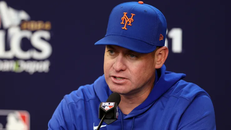 Manager Carlos Mendoza #64 of the New York Mets speaks to the media prior to Game Four of the National League Championship Series against the Los Angeles Dodgers at Citi Field on October 17, 2024 in New York City.