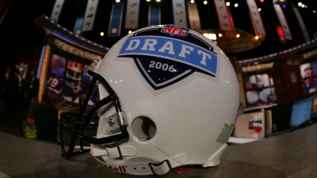 A helmet with the 2006 NFL Draft logo is shown on April 29, 2006. (Source: Chris Trotman/Getty Images)
