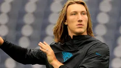 Trevor Lawrence #16 of the Jacksonville Jaguars warms up prior to the game against the Houston Texans at NRG Stadium on September 12, 2021 in Houston, Texas.