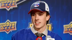 Gabriel Perreault speaks to the media after being selected by the 23rd overall pick during round one of the 2023 Upper Deck NHL Draft at Bridgestone Arena on June 28, 2023 in Nashville, Tennessee.