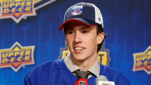 Gabriel Perreault speaks to the media after being selected by the 23rd overall pick during round one of the 2023 Upper Deck NHL Draft at Bridgestone Arena on June 28, 2023 in Nashville, Tennessee.