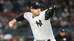 Adam Ottavino #0 of the New York Yankees pitches during the seventh inning against the Houston Astros in game three of the American League Championship Series at Yankee Stadium on October 15, 2019 in New York City.