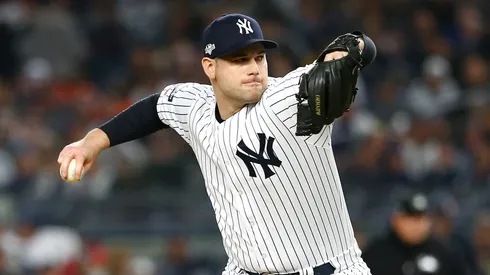 Adam Ottavino #0 of the New York Yankees pitches during the seventh inning against the Houston Astros in game three of the American League Championship Series at Yankee Stadium on October 15, 2019 in New York City.