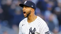 Devin Williams #38 of the New York Yankees celebrates after defeating the Milwaukee Brewers on Opening Day at Yankee Stadium on March 27, 2025 in New York City.