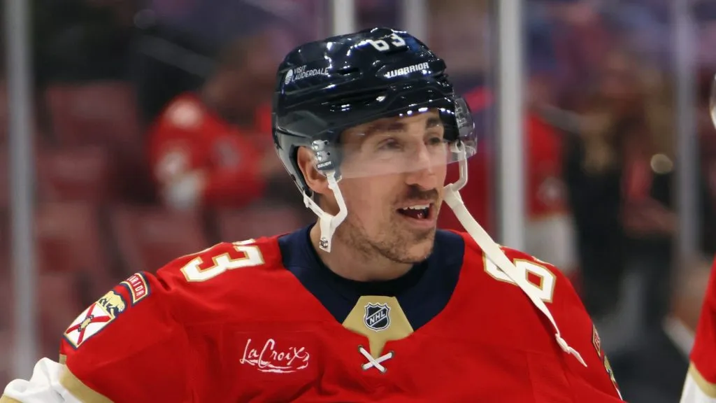 Brad Marchand #63 of the Florida Panthers warms up prior to a game against the Montreal Canadiens at Amerant Bank Arena on March 30, 2025 in Sunrise, Florida.