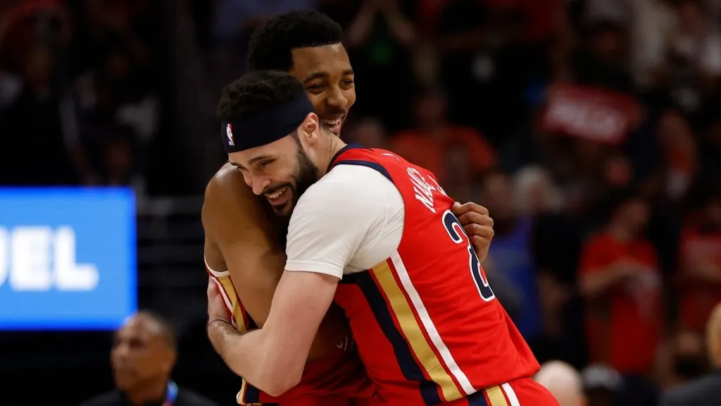 Larry Nance Jr. #22 of the New Orleans Pelicans reacts after a shot against the Sacramento Kings at Smoothie King Center on April 19, 2024. (Source: Chris Graythen/Getty Images)