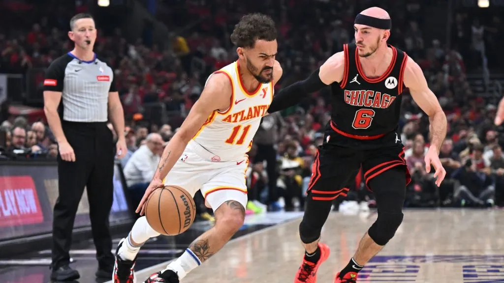 Trae Young #11 of the Atlanta Hawks drives against Alex Caruso #6 of the Chicago Bulls in the first half during the play-in tournament on April 17, 2024. (Source: Jamie Sabau/Getty Images)