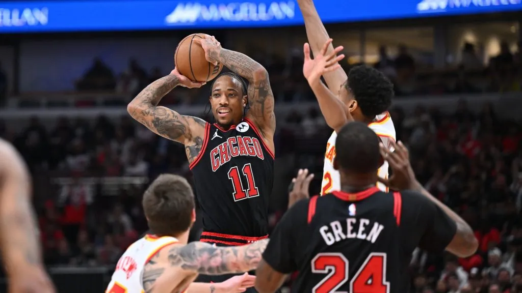 DeMar DeRozan #11 of the Chicago Bulls looks to pass the ball in the second half against the Atlanta Hawks on April 17, 2024. (Source: Jamie Sabau/Getty Images)