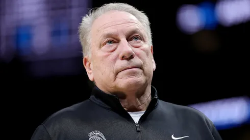 Head coach Tom Izzo of the Michigan State Spartans looks on during the first half against the Ole Miss Rebels in the South Regional Sweet Sixteen round of the NCAA Men's Basketball Tournament at State Farm Arena on March 28, 2025 in Atlanta, Georgia.