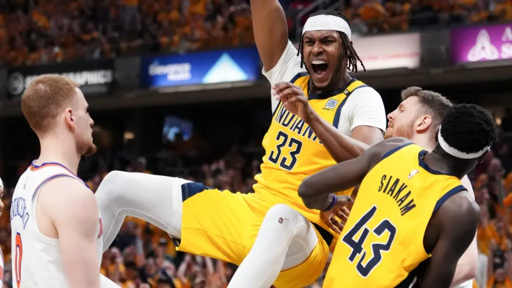 Myles Turner #33 of the Indiana Pacers dunks the ball during the third quarter against the New York Knicks in Game Six of the Eastern Conference Second Round Playoffs in 2024. (Source: Dylan Buell/Getty Images)