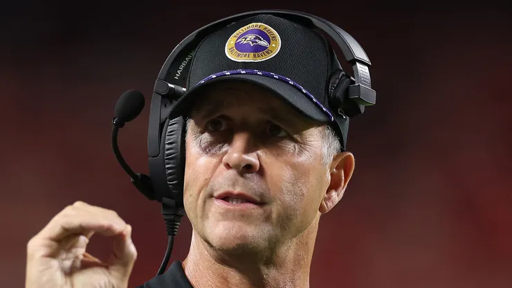 Head coach John Harbaugh of the Baltimore Ravens looks on during the NFL game against the Kansas City Chiefs at GEHA Field at Arrowhead Stadium on September 05, 2024 in Kansas City, Missouri. The Chiefs defeated the Ravens 27-20.