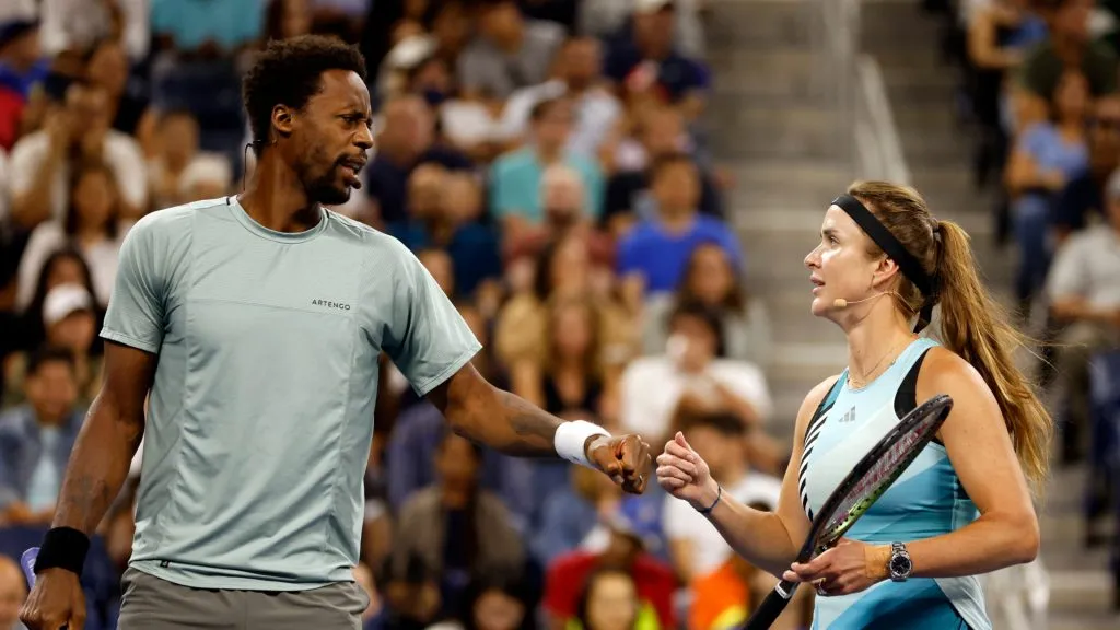 Elina Svitolina and Gael Monfils during an exhibition match at the 2023 US Open ( Sarah Stier/Getty Images)